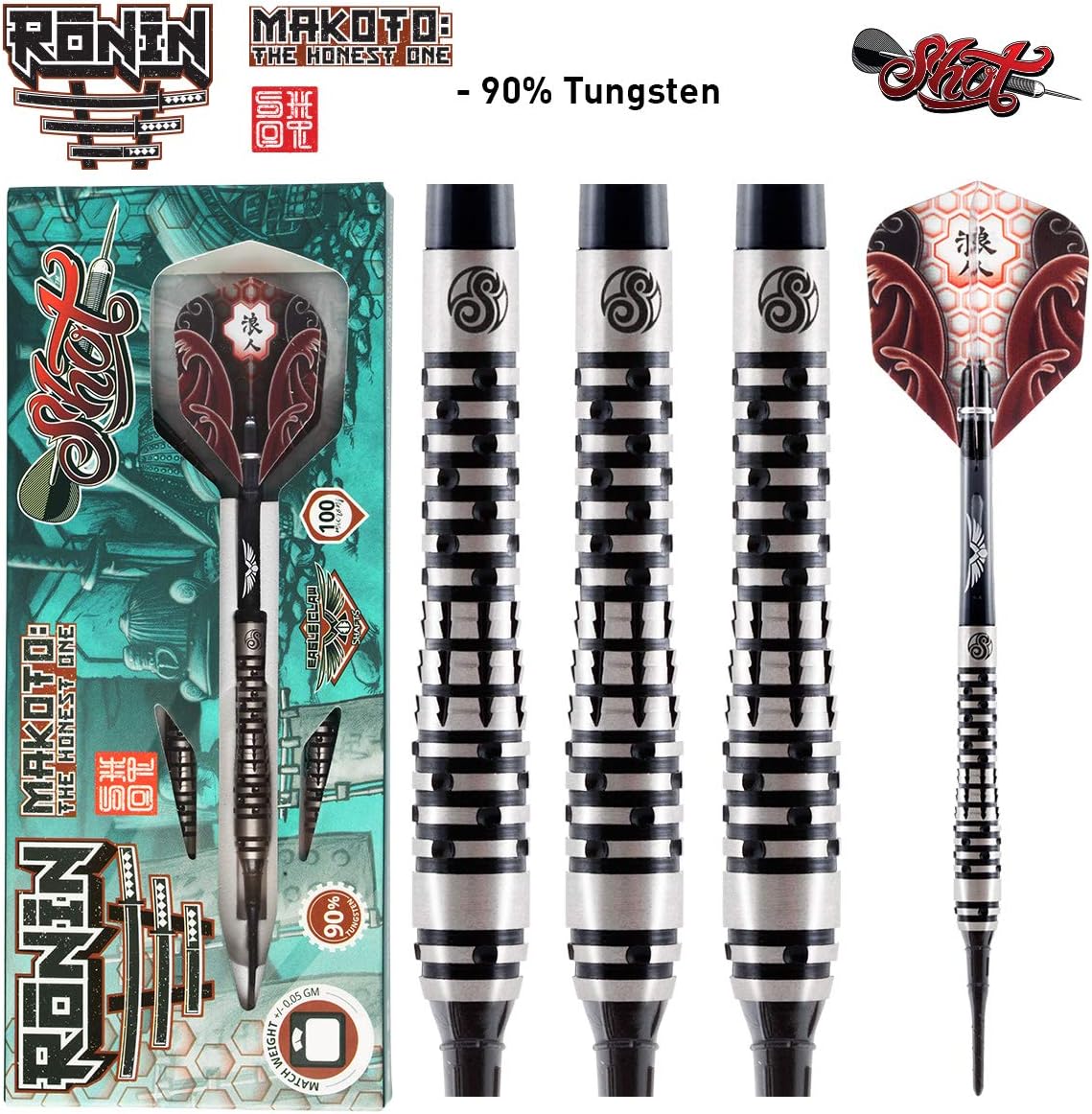 Shot! Darts Ronin Makoto-Soft Tip Dart Set-Front Weighted- 90% Tungsten Barrels