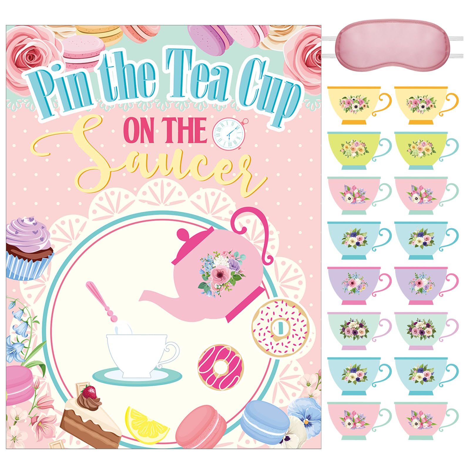 Photo 1 of Tenceur 34 Pieces Tea Party Games Birthday Decoration for Girls Pin The Tea Cup on The Saucer for Kids Poster Stickers with Blindfold School Classroom Party Activity Supplies