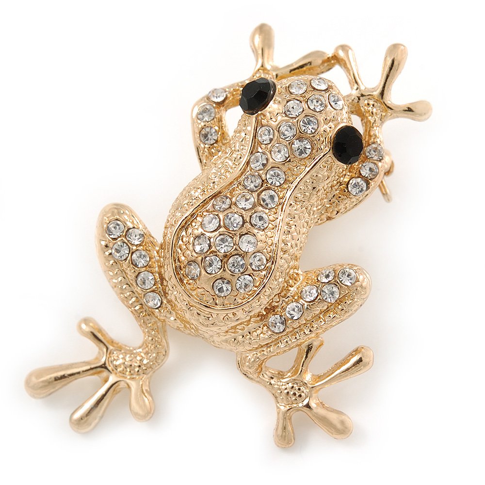 Gold Plated Clear/Black Crystal Frog Brooch - 50mm L