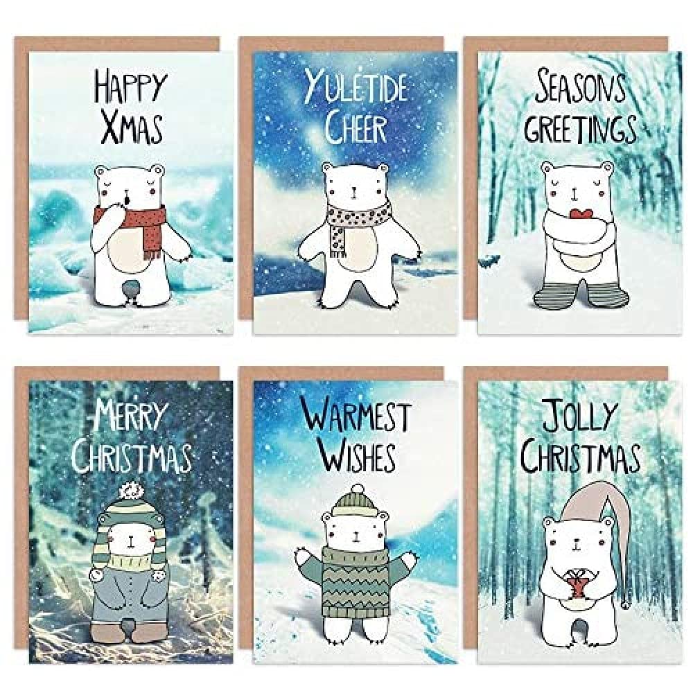 Wee Blue Coo Christmas Cards x6 Cute Polar Bears Snow Scene Kids (6 Designs)
