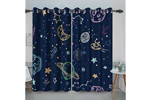 Baocicco Kids Cartoon Space Blackout Window Curtain Moon Stars Planets Printed Darkening Drapes with Rustproof Grommets Outer for Bedroom Living Room 2 Panels 46Wx72H Inch Navy Blue-1