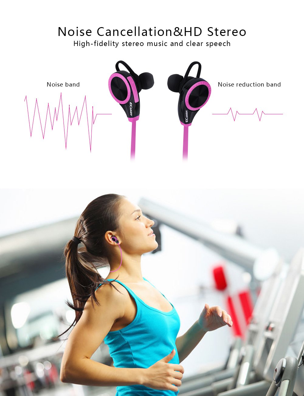 Wireless Bluetooth Runner Headset Sport Headphones with Mic, Ecandy Sweatproof Earbuds for Gym Running Noise Cancelling Headsets - Rose