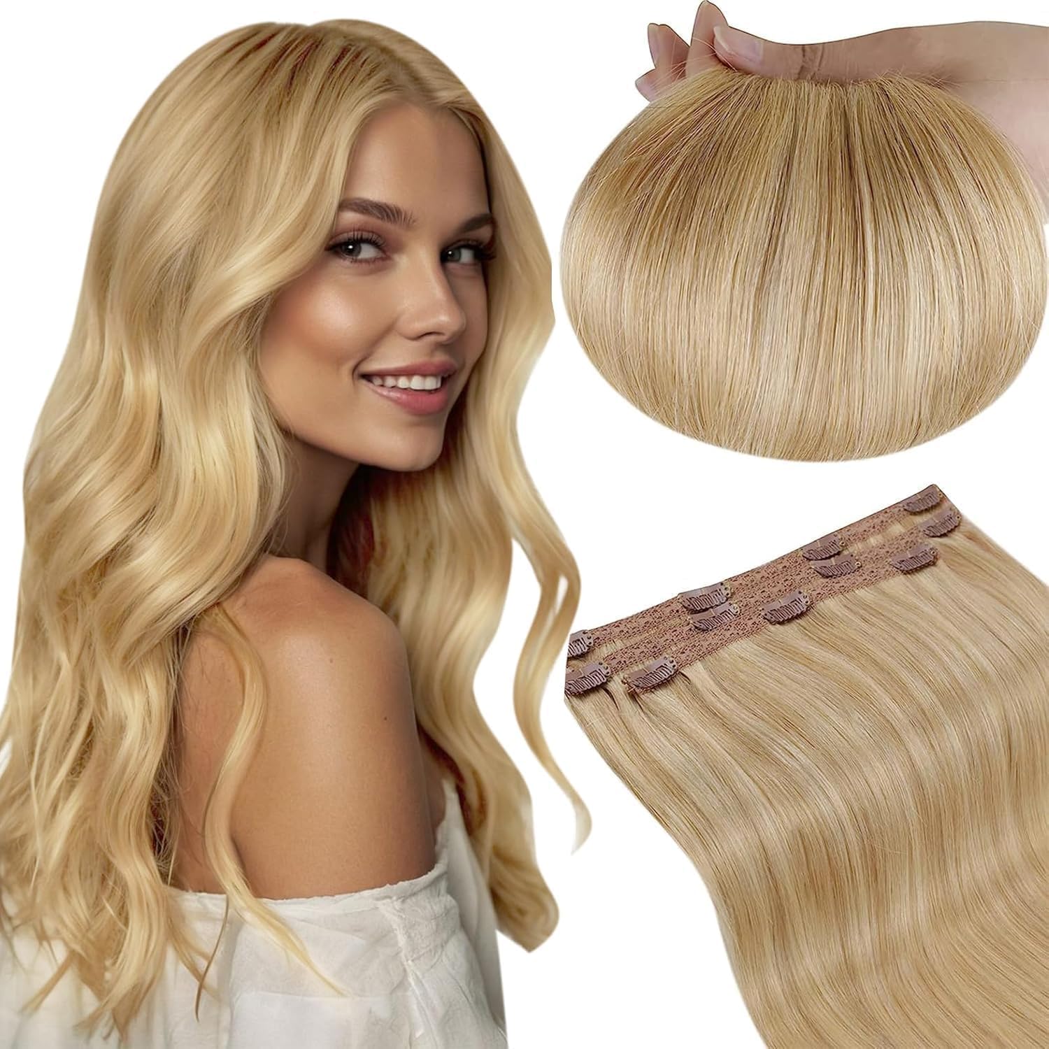 RUNATURE Blonde Clip in Hair Extensions Real Human Hair Highlight Golden Blonde Hair Extensions Clip in Human Hair Remy Straight Clip Hair 10 Inch 50g 3Pcs #16/24