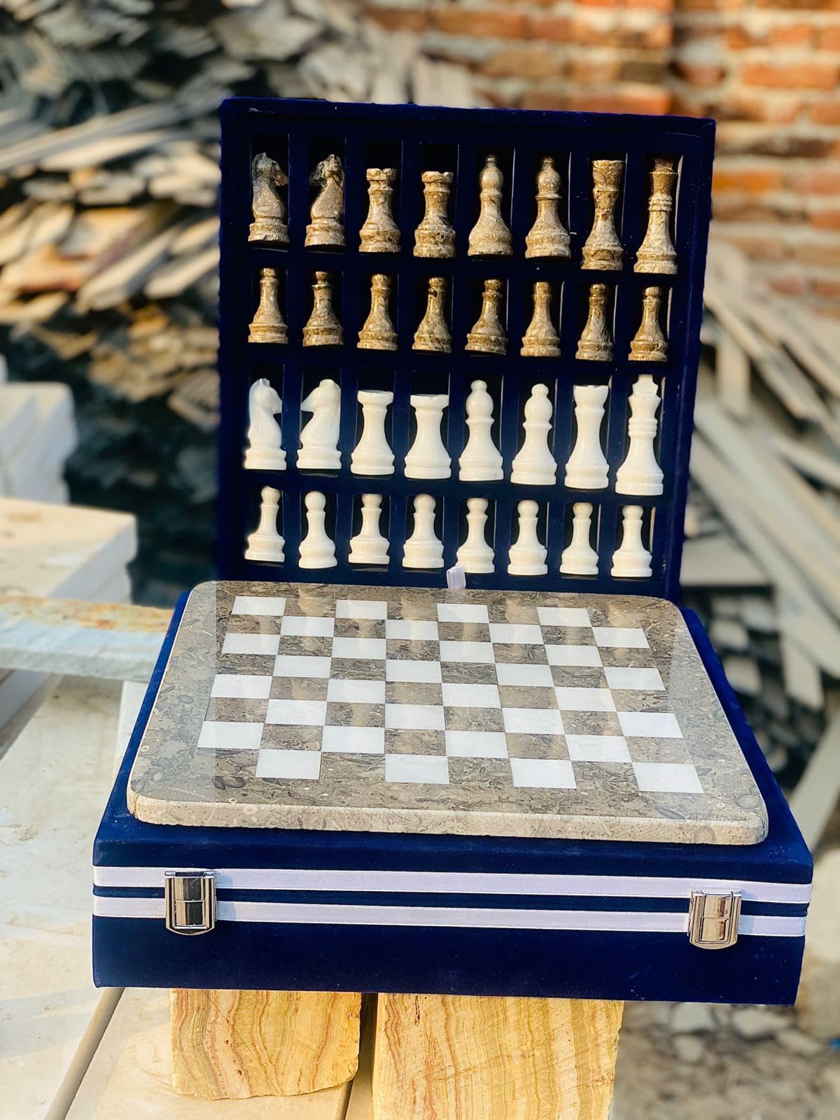 Photo 1 of 15-Inch Handcrafted Marble Chess Set with Blue Velvet Gift Box – Stone Chessboard & Carved Pieces (Grey White)