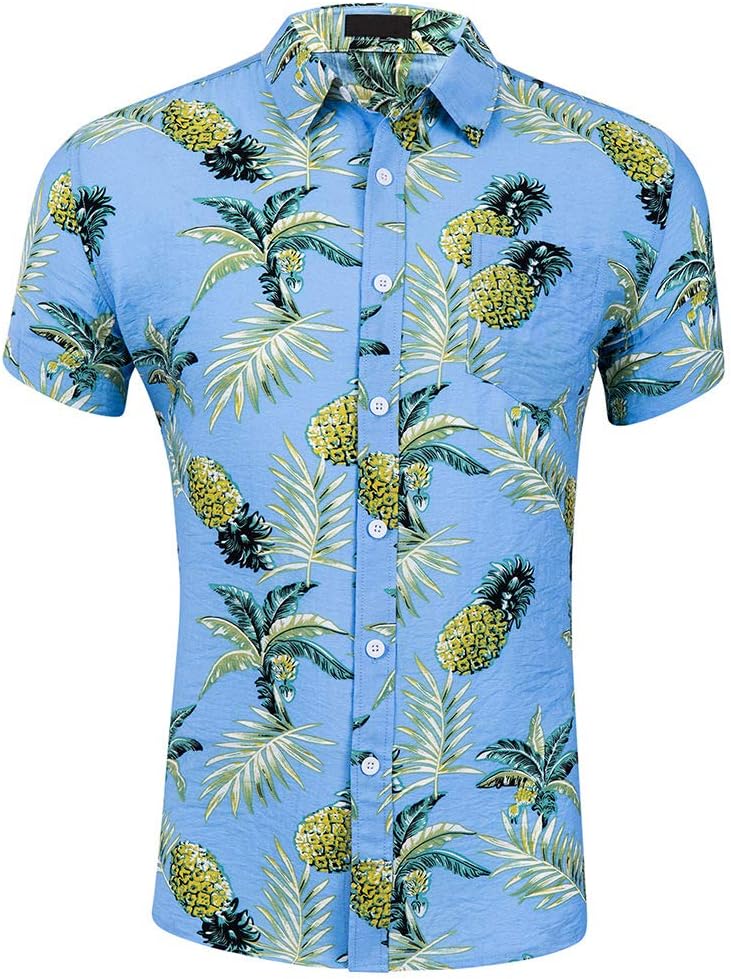 Men's Short Sleeve Standard-Fit 100% Cotton Button Down Casual Pineapple Hawaiian Shirt