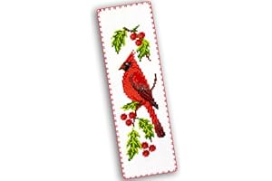 POVITRULYA Cardinal - Counted Cross Stitch Bookmark Kit - DIY Embroidery Set - Hand Made Christmas Gift for Adults and Kids with a Redbird Sitting on a Christmas Mistletoe