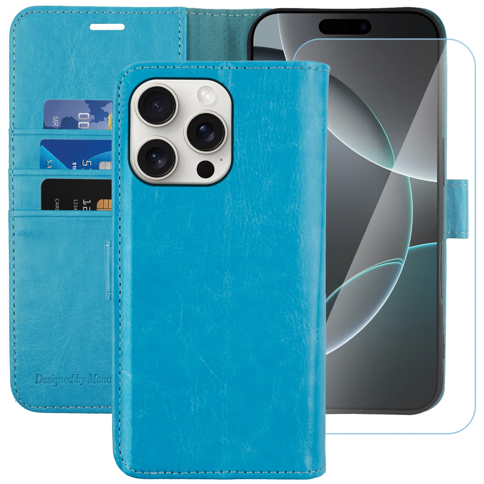 MONASAY for iPhone 16 Pro Max 5G Wallet Case,[Glass Screen Protector Included] [RFID Blocking] Flip Folio Leather Cell Phone Cover with Credit Card Holder, 6.9-inch, Light blue