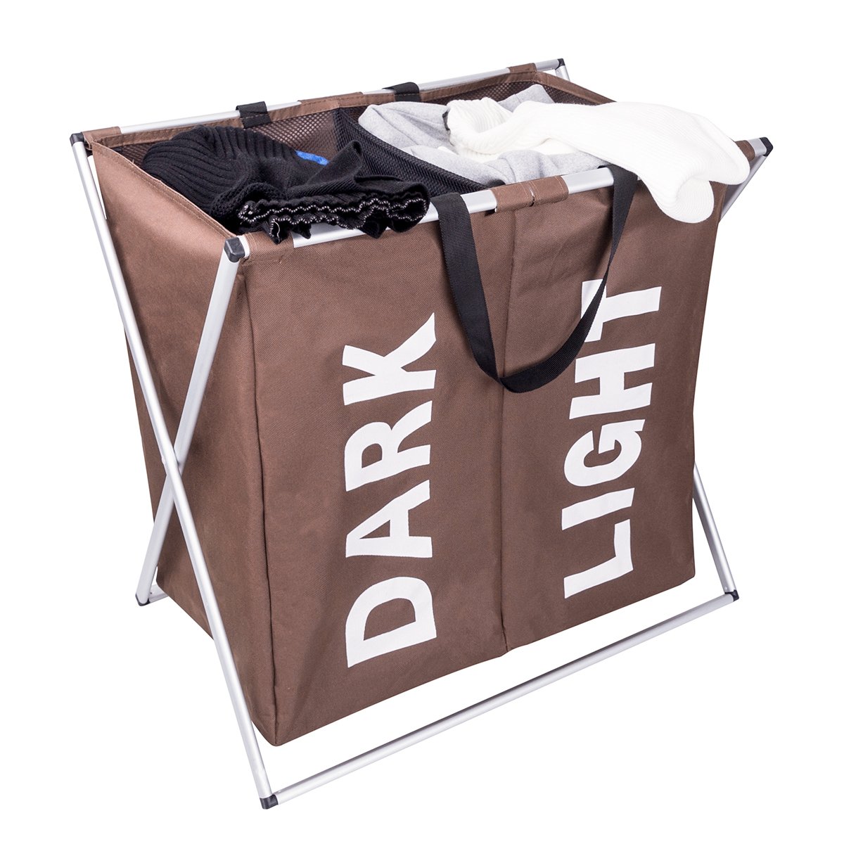 Laundry Baskets 2 Section 600D Oxford Aluminum X-frame Large Laundry Hamper Closet Washing Laundry Bag Coffee