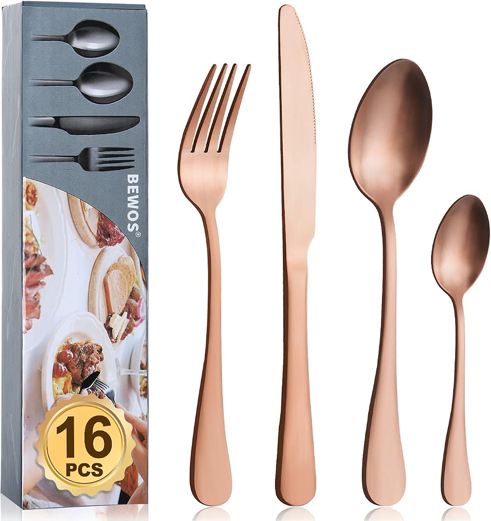 BEWOS 16-Piece Rose Gold Matte Cutlery Set Service for 4 Stainless Steel