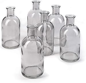 Bud Vases, Apothecary Jars, Decorative Glass Bottles, Centerpiece for Wedding Reception, Elegant Antique Decoration, Mini Flower Vases, Small Medicine Bottles for Home Decor (Smoke Gray, Set of 6)