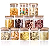 Yibaodan Glass Jars 9OZ, 12 Set with Bamboo Airtight Lids and Labels, Food Cereal Storage Large Spice Containers for Home Kitchen Tea Coffee Flour Herbs Grains