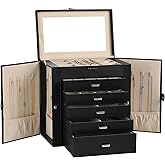 Frebeauty Large Jewelry Box,6-Tier PU Leather Jewelry Organizer,Multi-functional Storage Case with Mirror,Accessories Holder with 5 Drawers for Necklace Bracelets Watches(Black)