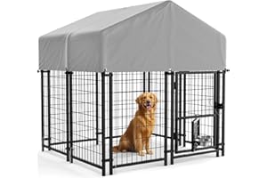 Greesum Large Outdoor Dog Kennel, Heavy Duty Welded Wire Steel Dog Playpen Fence with Secure Lock/UV-Resistant Waterproof Roof Cover/Rotaing Feeder Bowls, for Small/Medium/Large Dogs, L