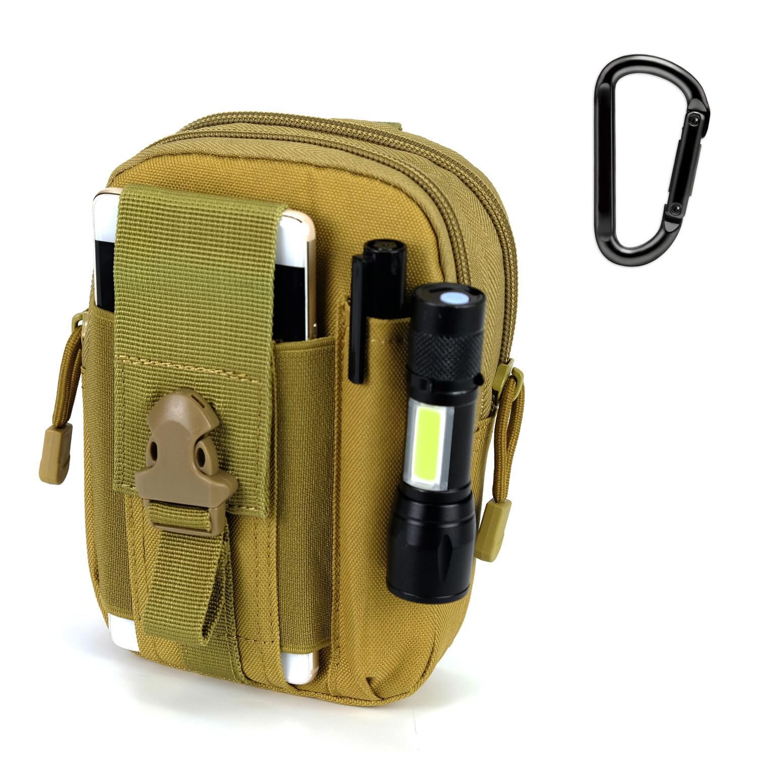 Piscorush Tactical Waist Pouch MOLLE EDC Outdoor Man Waist Bag with Phone Belt Clip Holder Holster Carrying Pouch for Smartphone (With Easy Carabiner, Khaki)