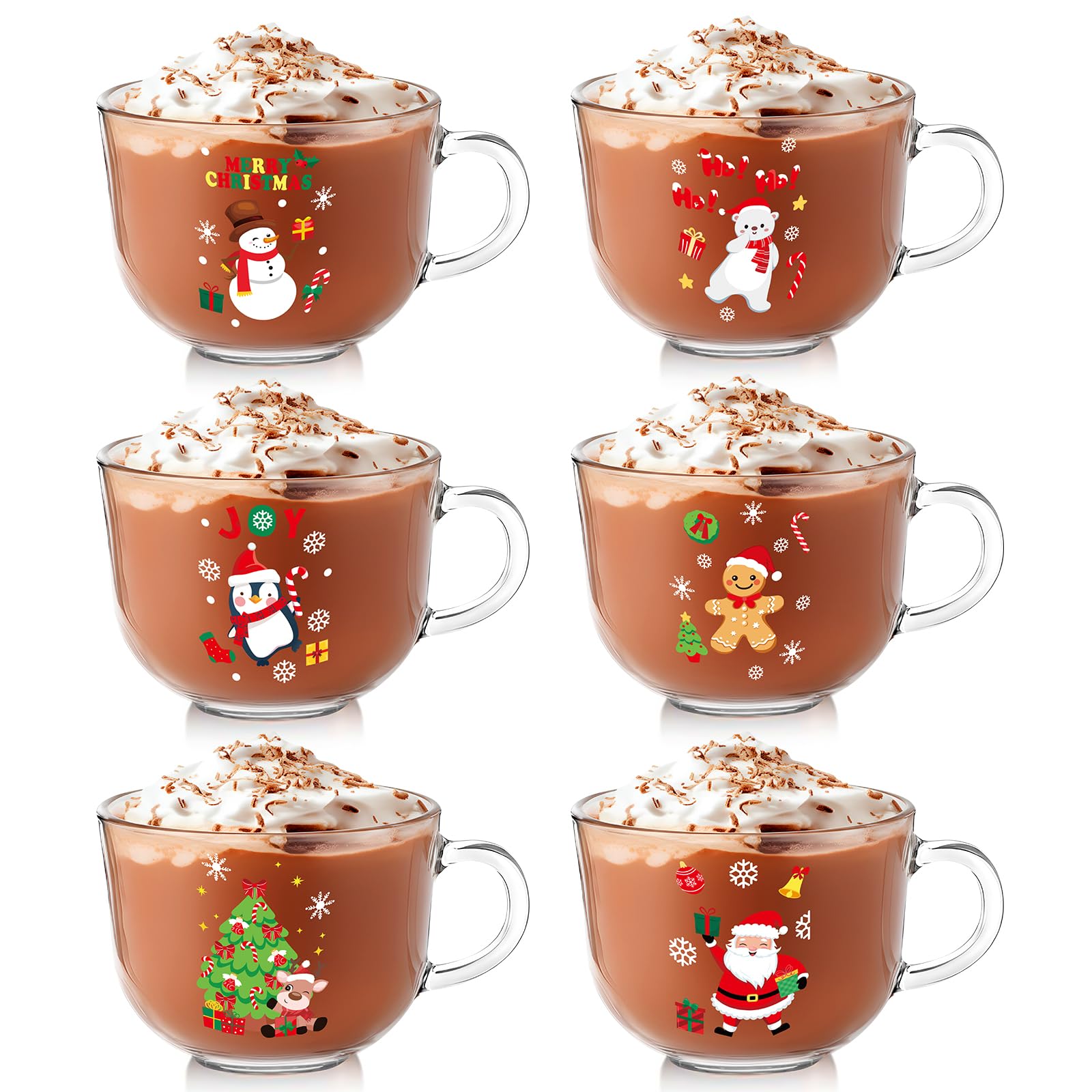 Photo 1 of Vesici 6 Pcs Christmas Glass Coffee Mugs with Handle 16 oz Clear Christmas Glasses Winter Xmas Glass Mugs Santa Claus Snowman Cups Xmas Gift for Women Men Beverage Milk Hot Chocolate (Cute Style)