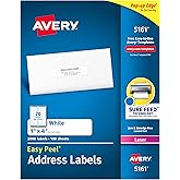 Avery&reg; Easy Peel Printable Address Labels with Sure Feed&reg;, 1" x 4", White, 2,000 Blank Mailing Labels for Laser Printers (5161)