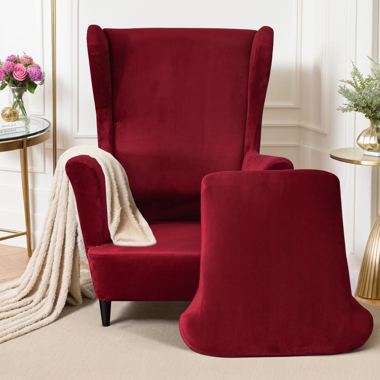 Mingfuxin Wingback Chair Covers 2 Piece Set Stretch Wing Chair Cushion Sofa Slipcovers, Removable Velvet Wing Back Armchair Slipcovers Furniture Protector for Living Room Bedroom Hotel