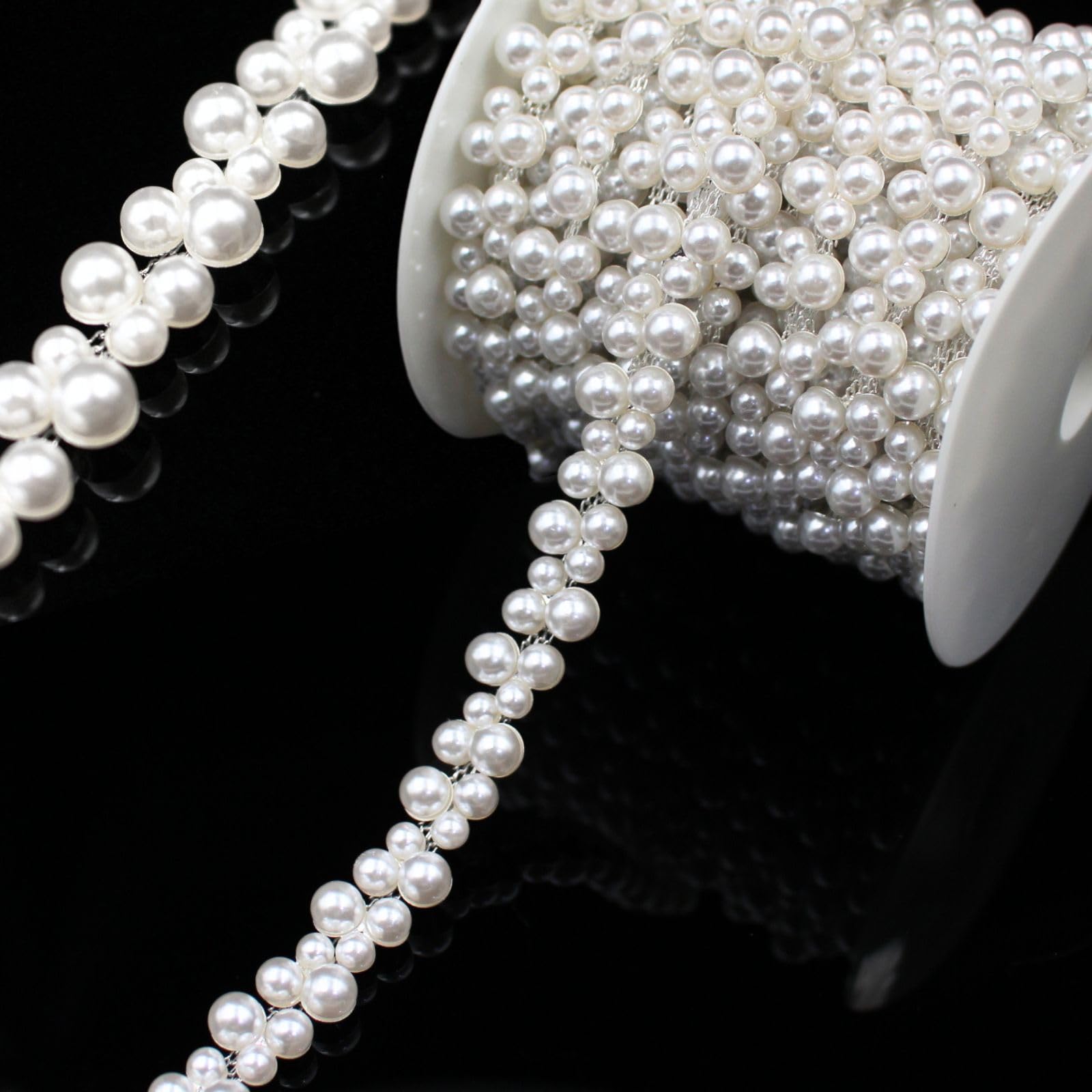 Photo 1 of 1 Yard Pearl Trim Chain String Silver Applique Fringe Ribbon Strips Beads Sewing Dress DIY Party Wedding Bouquet for Decoration Bridal Costume Embellishment