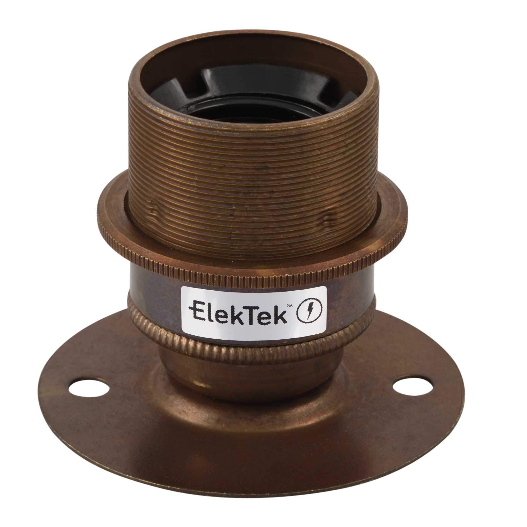 ElekTek Antique Brass E27 Batten Lamp Bulb Holder with Shade Ring ES Edison Screw - Flat Base fits BESA Conduit Box 50mm/2” Centre Fixings - Made in UK — image 1
