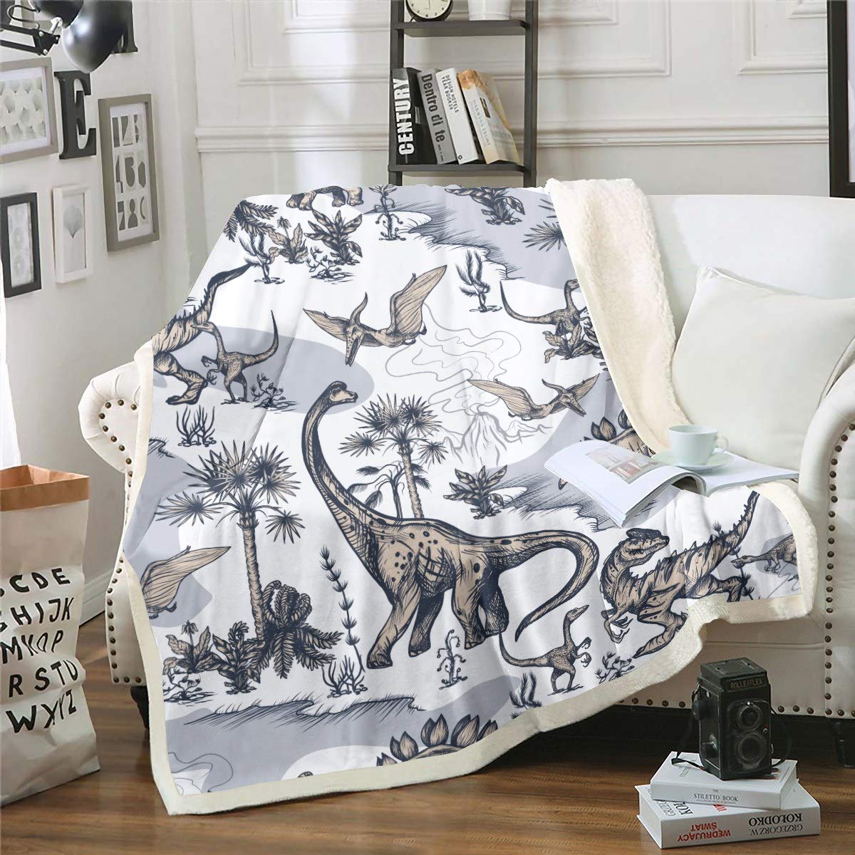 Loussiesd Boys Dinosaur Fleece Throw Blanket for Sofa Couch Bed - Jungle Dino Pattern Sherpa - Double 60"x79" — image 1