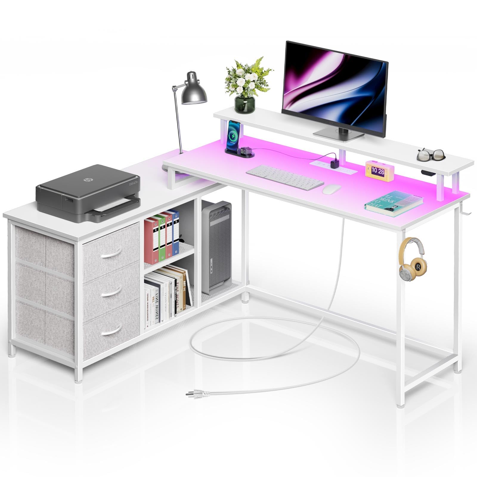 Seventable L Shaped Computer Desk with Drawers, Reversible Gaming Desk with LED Lights & Charging Port, Corner Desk with Storage Shelves & Monitor Stand for Home Office White Image