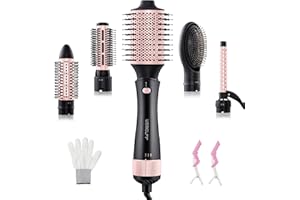 USBELFF Hair Blow Dryer Brush Hot-Air - 5-in-1 Kit for One Step Hair Volumizing, Drying, Straightening, Slightly Waving and Styling, Adjustable Temp and Air Speed, 5 Interchangeable Brush Head, Black-Pink