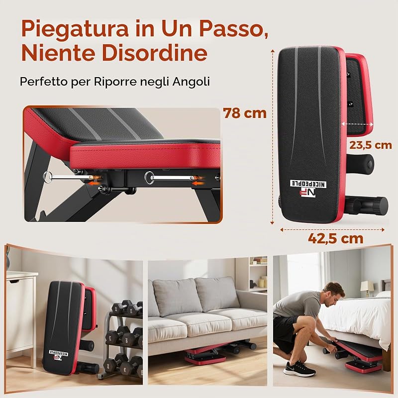 Panca pesi regolabile,professionale,sistema di regolazione rapida,facile da ripiegare e riporre,schienale allungato adatto per la panca piana, montata al 80%