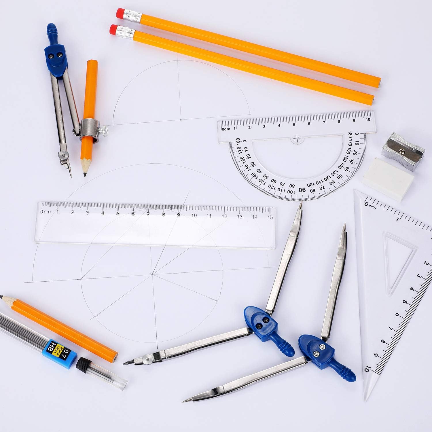 Protractor Math Compass Set Square 21 Pieces Geometry Compass Set Math School Set with Ruler, Compass Math ...