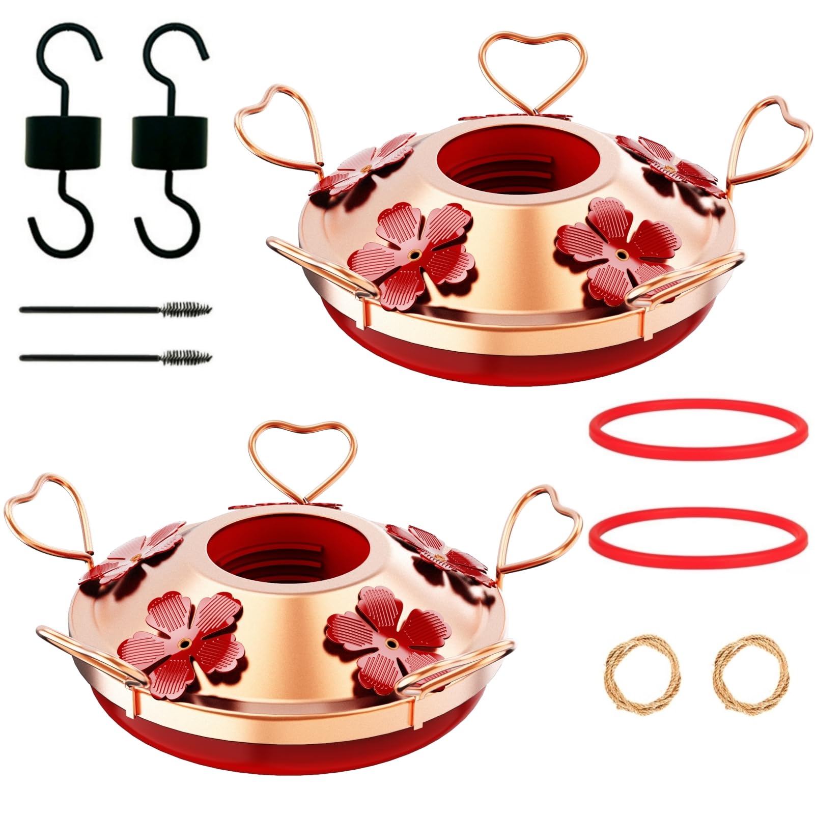 Photo 1 of 2 Pack Hummingbird Feeder Base Replacement Part Accessories Set - Includes 2 Pcs Bottom Base, Moat Hooks, Seal Rings, Brushes and Hanging Ropes (2, Cooper)