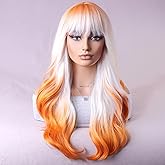 BERON Orange and White Long Wigs Curly Wavy Women's Wigs with Bangs Orange White Ombre Colorful Heat Resistant Synthetic Wigs for Cosplay or Daily Wigs Wig Cap Included