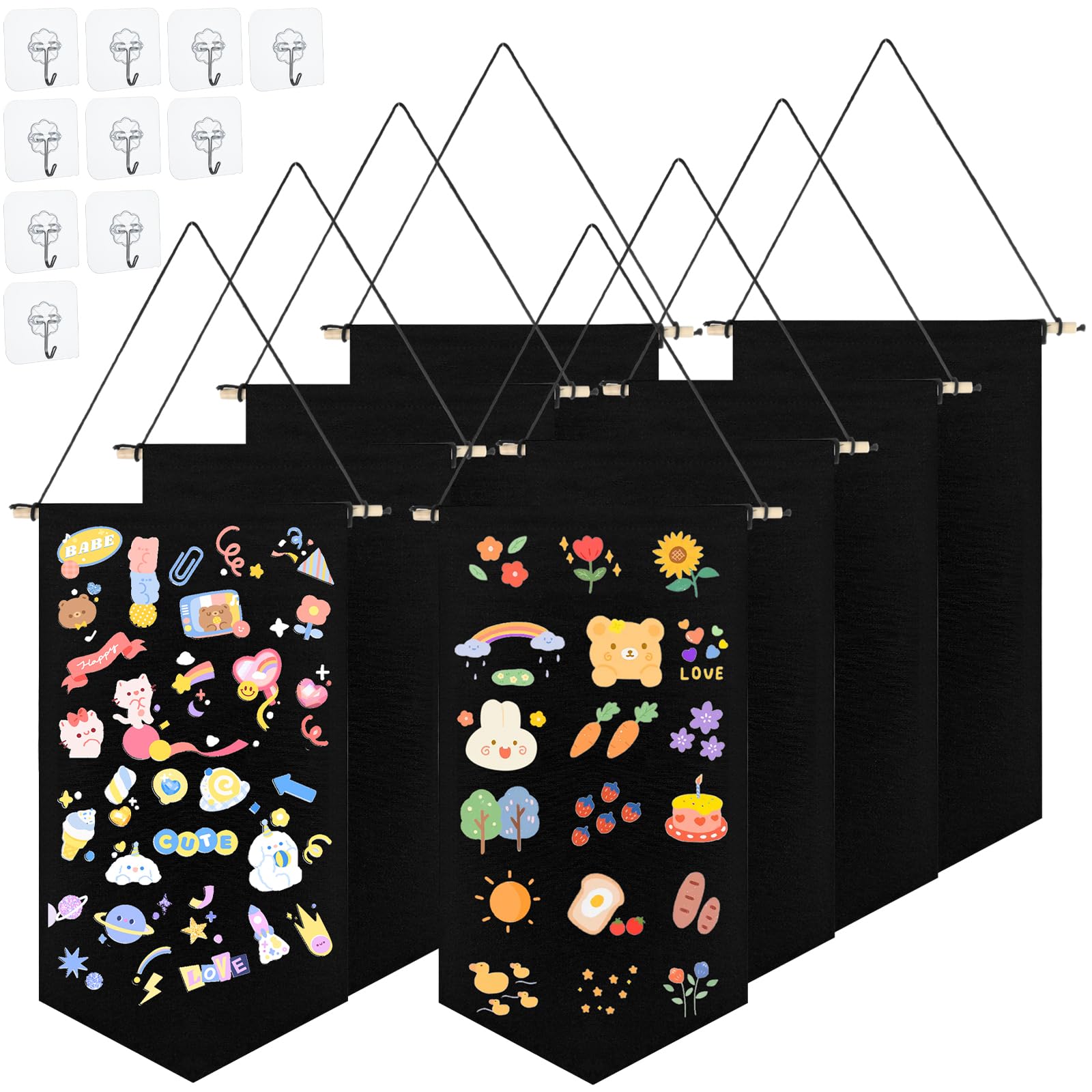 Photo 1 of QTLCOHD 8PCS Enamel Pin Wall Display Banner Holder, Canvas Banner Blank, Black Canvas Banners with Wooden Dowel for Enamel Pins Lapels Badges Buttons Patches Collection (30 x 53.5cm)