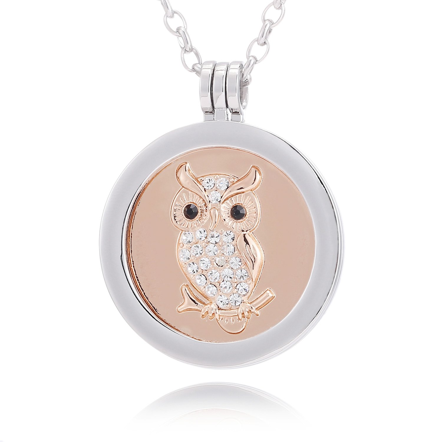 Morella Women Necklace 70 cm 27.5" Stainless Steel with Owl Zirconia Coin 33 mm 1,3" Pink Gold in a Velvet Jewelry Bag
