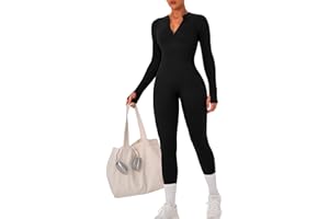 OLCHEE Womens Long Sleeve Workout Jumpsuit Seamless Ribbed Tummy Control Yoga Bodycon Zip Up One Piece Unitard Sculpt Rompers