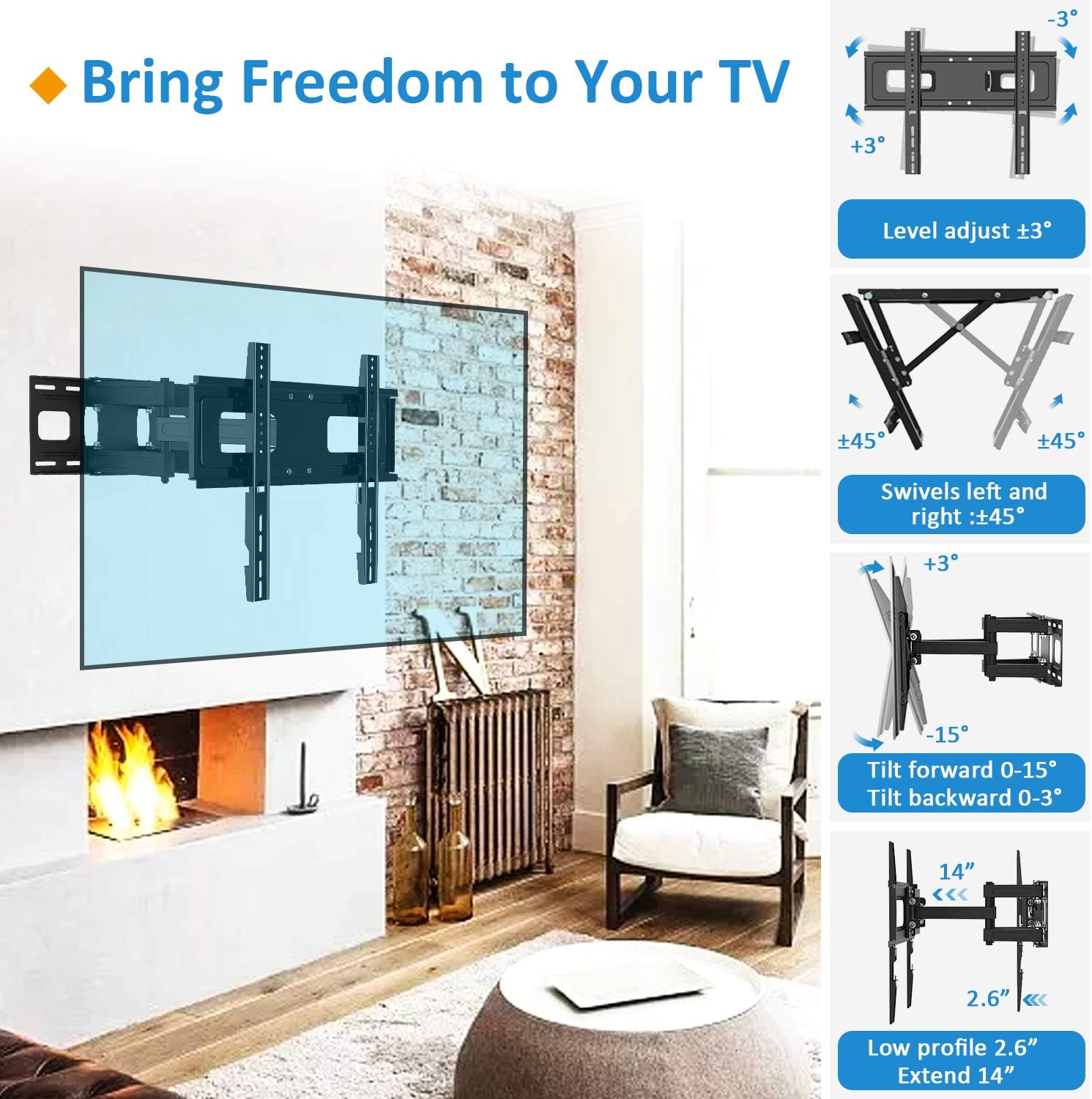 Full Motion TV Wall Mount with Height Setting, JUSTSTONE TV Bracket Fits Most 27-65 Inch LED Flat&Curved TVs,Articulating Swivel Tilt Dual Arms Extension Max VESA 400x400mm and Holds up to 121 LBS: Home Audio & Theater