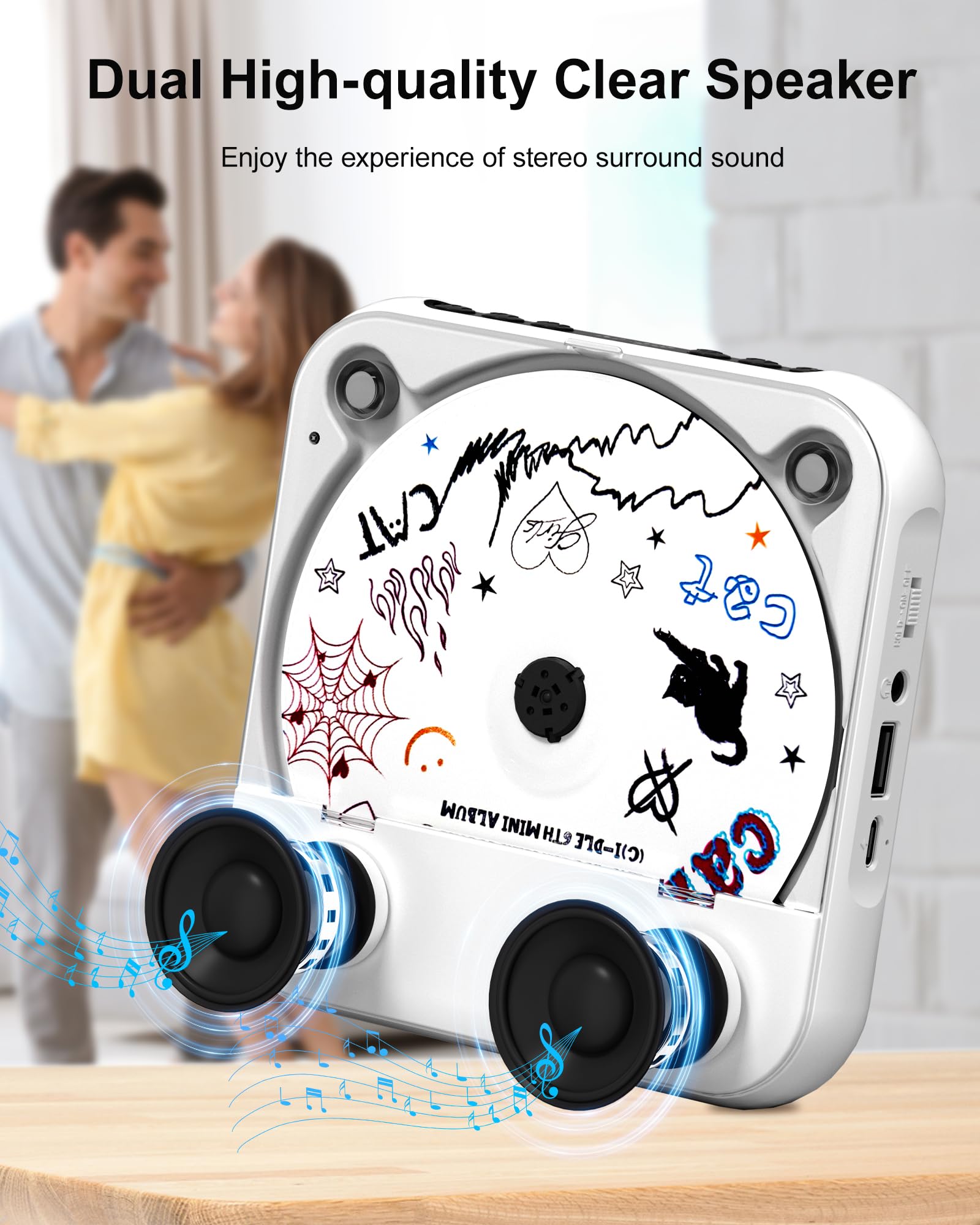 ENVYCLOUD CD Player Portable with Dual Stereo Speakers, Rechargeable Portable CD Player with Bluetooth for Home with Headphones, Support CD/AUX/USB, White