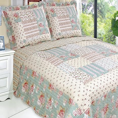 Amazon キルトcoverletセットオーバーサイズツイン Xlツインサイズcountry Cottageグリーンクリームバラ花フローラル印刷 パッチワークパターンリバーシブル軽量低刺激性寝具 寝具カバーセット オンライン通販