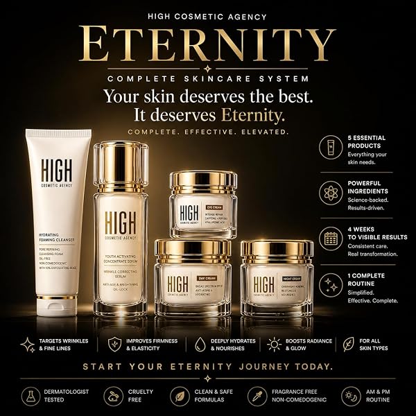 HIGH COSMETIC AGENCY ETERNITY 5-STEP ANTI-AGING SKINCARE SET – COMPLETE FACE CARE ROUTINE WITH CLEANSER, WRINKLE CORRECTING SERUM, EYE CREAM, DAY CREAM SPF 30 & NIGHT CREAM | LUXURY SKINCARE GIFT SET