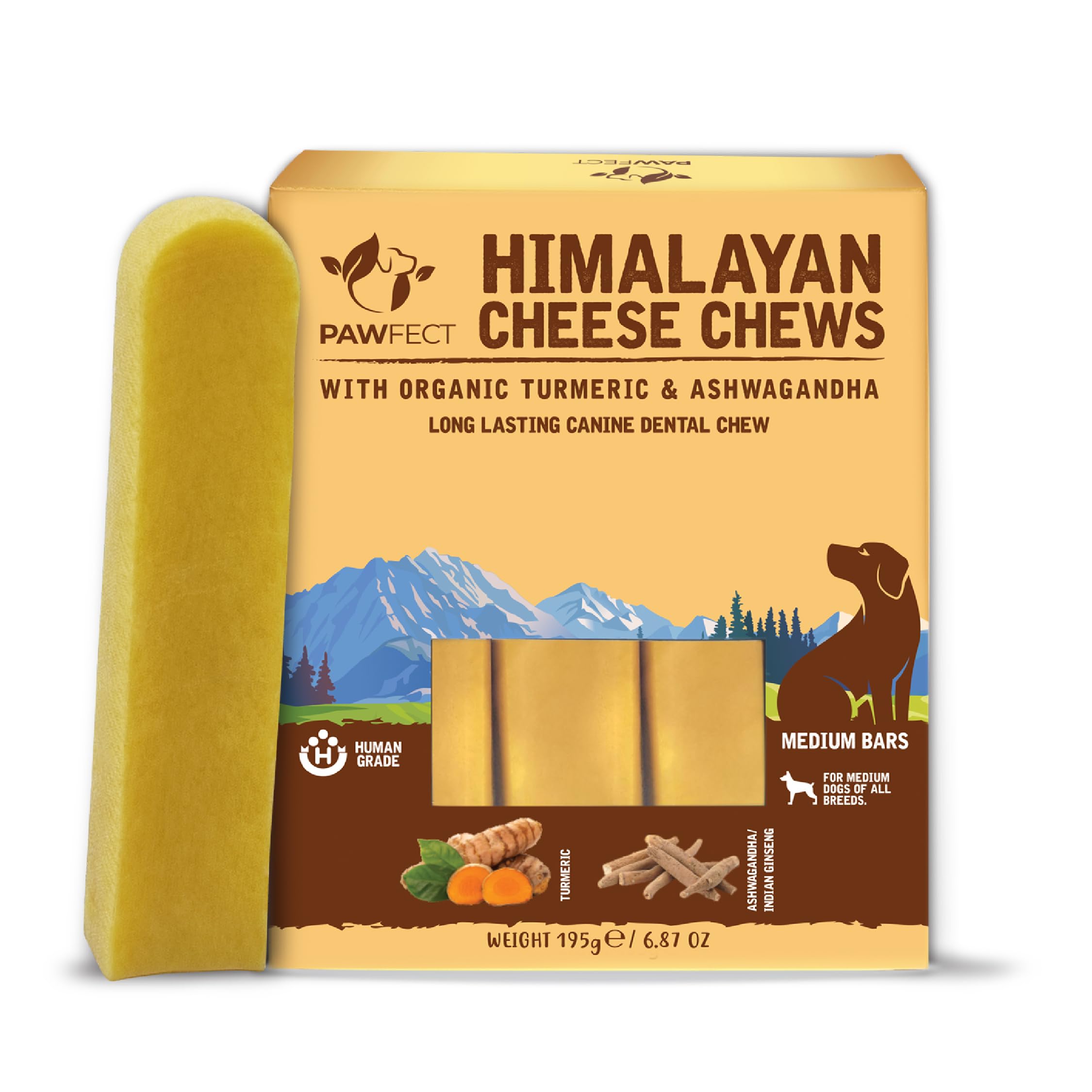 Pawfect Himalayan Yak Cheese Chews with Turmeric & Ashwagandha for Medium Dogs- 100% Natural, Grain Free, Long-lasting Cheese Bone- Cleans teeth -Plaque Off and Tartar Control - Pack of 3(195g/6.88oz)