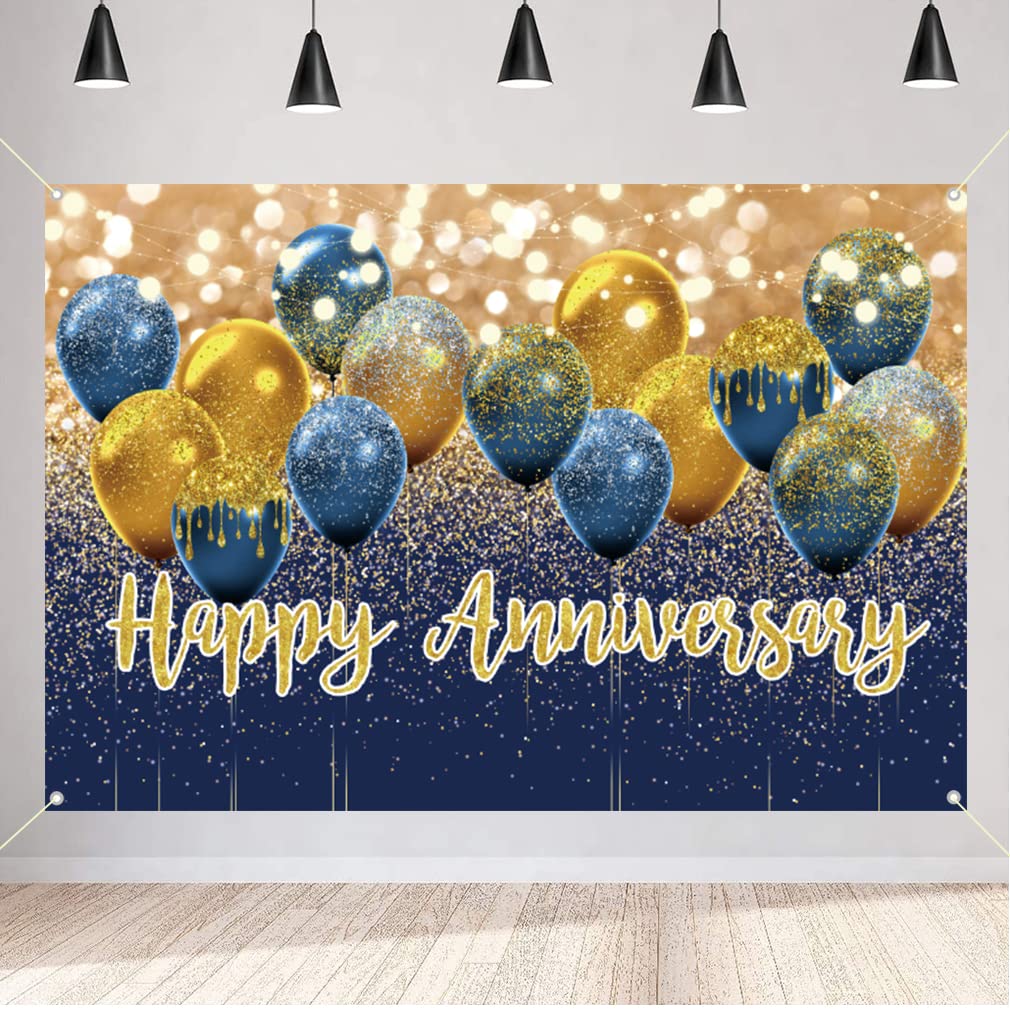 Happy Anniversary Decoration Banner, Party Backdrop Fabric Sign Poster, 10th 30th 45th 50th Wedding Anniversary Background, Blue and Gold Backdrop, 150 cm x 90cm