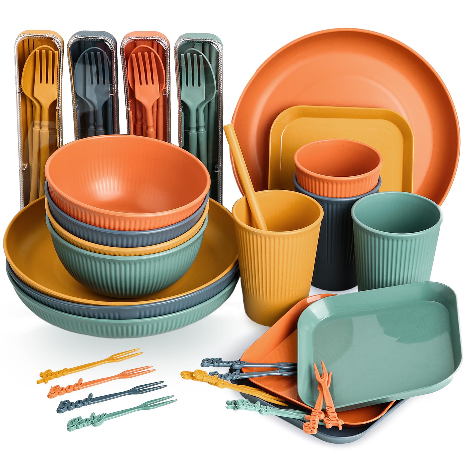 Sour Lemon 52-Piece Unbreakable Dinnerware Set - Lightweight Colorful Plastic Camping Plates, Bowls, Cups, Cutlery Set, Straw, Forks