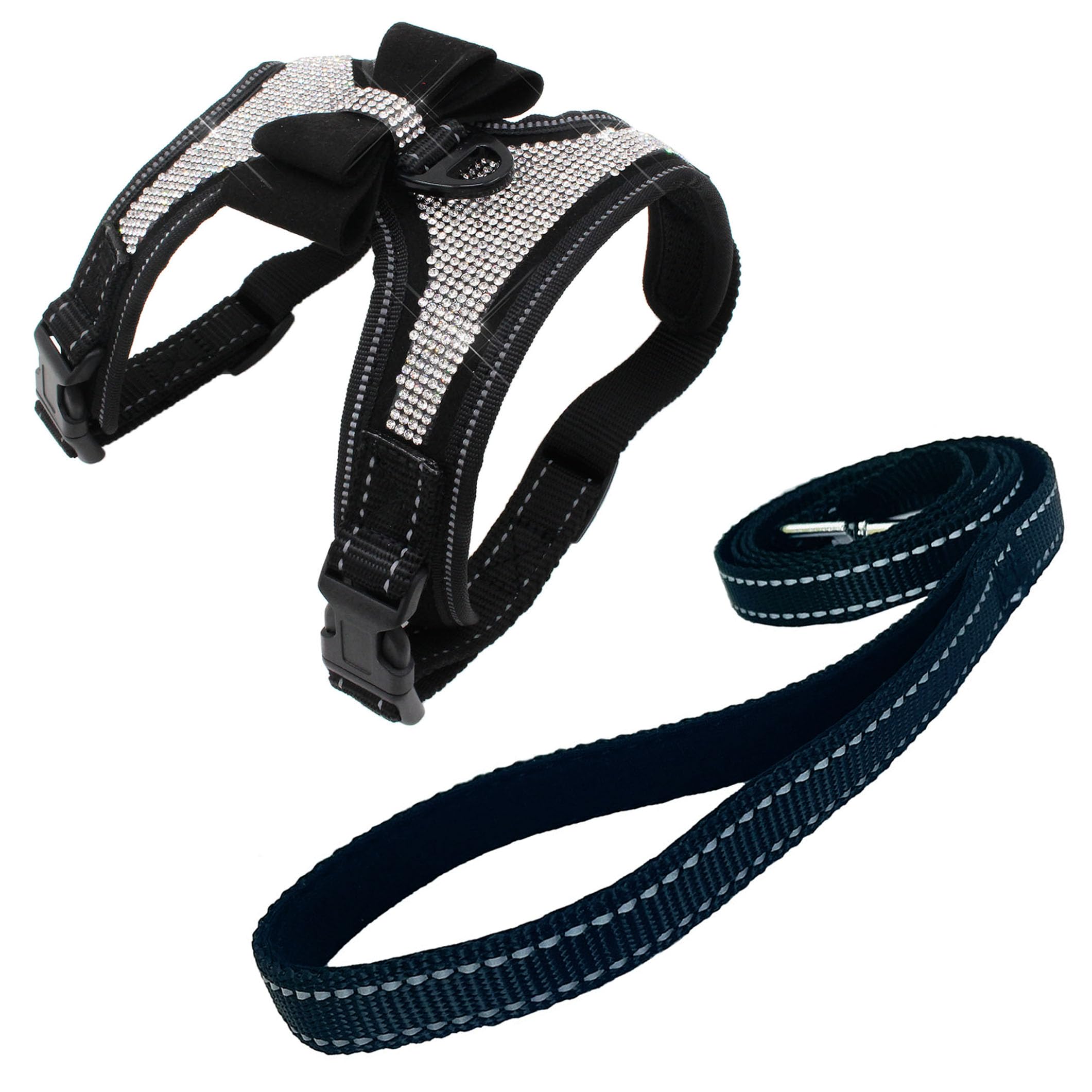 Newtensina 2pcs Bow Ties Bling Cute Dog Harness with Lead for Dog - Black - S