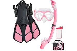 Aisrida Kids Snorkeling Set Children Mask Fin Snorkel Set Snorkeling Gear Snorkel Mask + Adjustable Swimming Kids Flippers+ Dry Snorkel Tube + Travel Bags