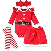 fioukiay Baby Girl My First Christmas Outfit Long Sleeve Romper Mini Skirt With Leg Warmers 4PCS Xmas Clothes Set