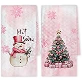 Chicimln Pink Christmas Tree Snowman Kitchen Towels, Let It Snow Winter Snowflake Decorative Hand Towels for Bathroom, Winter Xmas Dish Tea Towel Drying Cloth for Kitchen, 16x24 Inch Set of 2