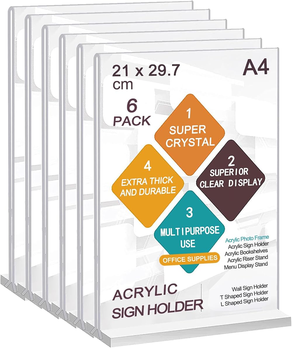 ROSSHINE A4 Acrylic Sign Holder 6 Pack T-Shape Double Sided Clear Display
