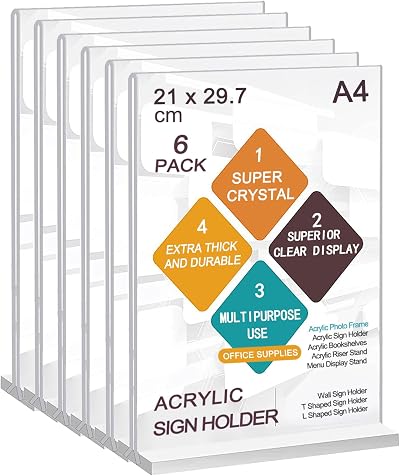ROSSHINE A4 Acrylic Sign Holder 6 Pack T-Shape Double Sided Clear Display