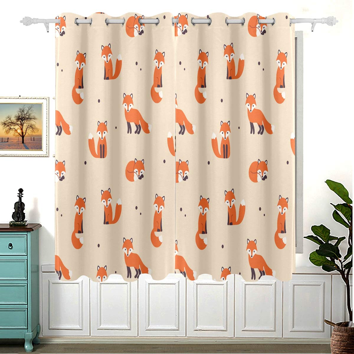 Cute Animal Fox Print Curtains for Children Bedroom,Eyelet Blackout Curtains for Nursery Short Window for Home Decor,54 x 55 Inches,2 Panels