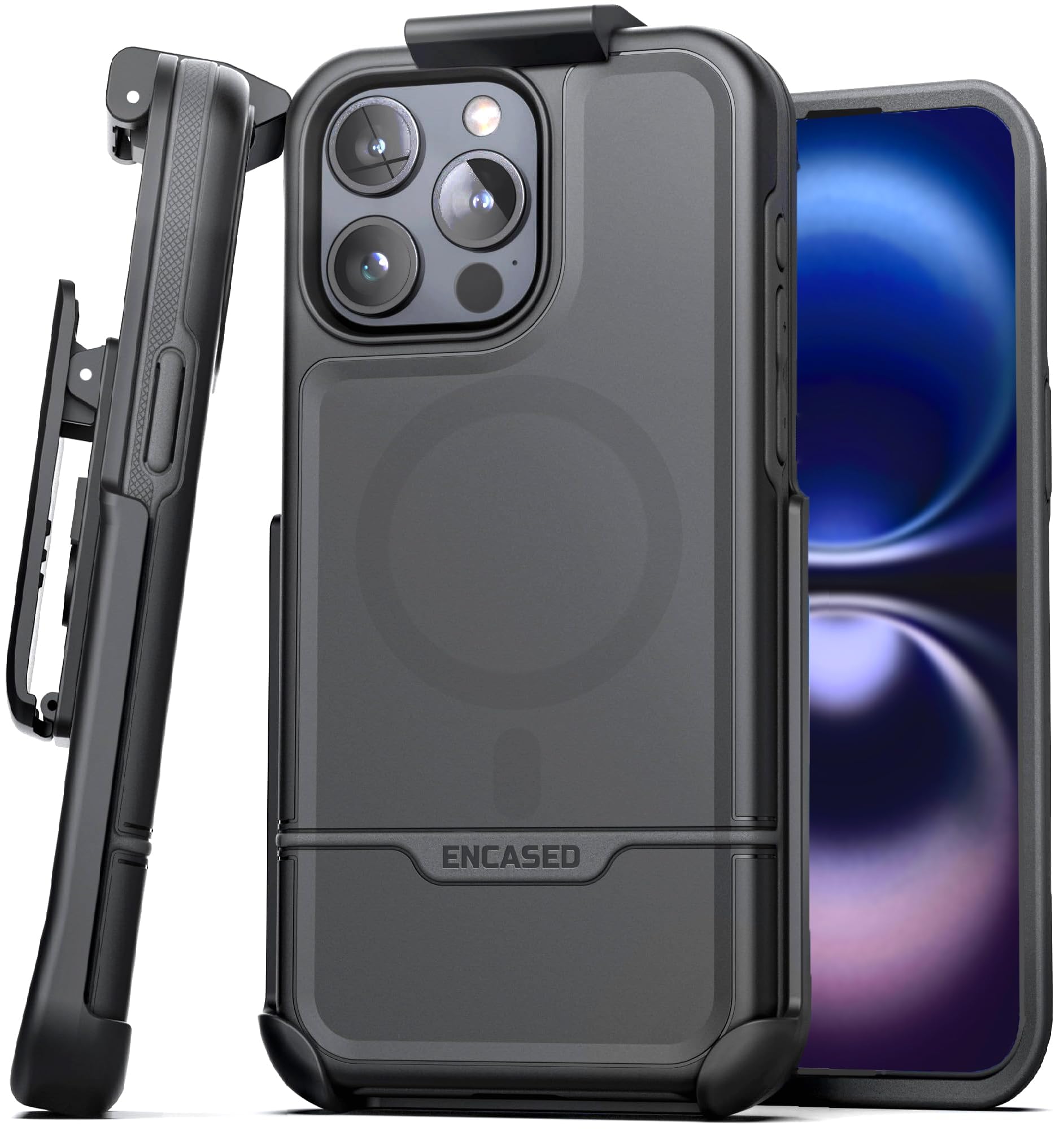 Encased Rebel-Armor for iPhone 16 Pro Max Case with Belt Clip, (Compatible with MagSafe) Rugged Magnetic Cover with Phone Holster (Black)