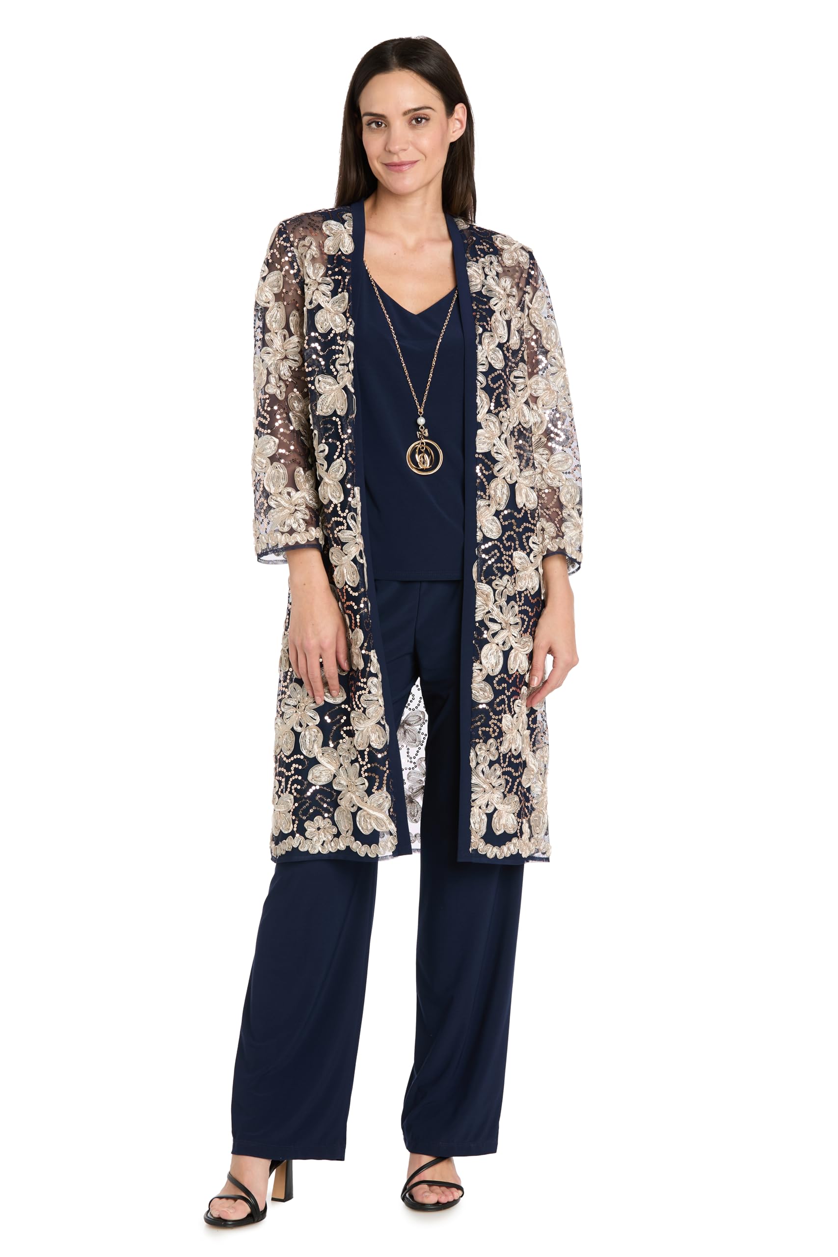 Photo 1 of Women's Elegant 3-Piece Floral Sequin Duster Pant Suit W/Tank & Necklace 12