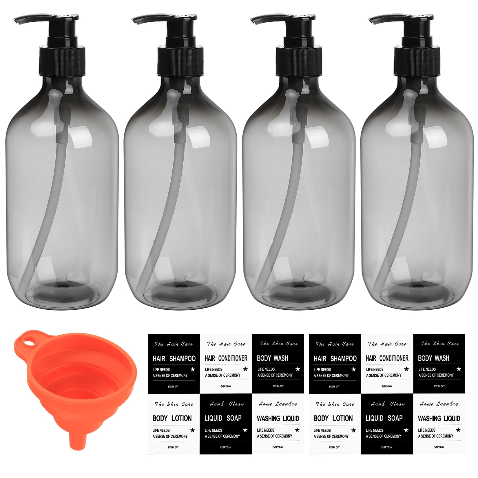 4 Pcs 500ml Soap Dispenser with Pump, Empty Refillable Pump Bottle Dispensers for Kitchen Bathroom Liquid Hand Dish Soap Dispenser Bottles Containers, with Funnel and Label - transparent black